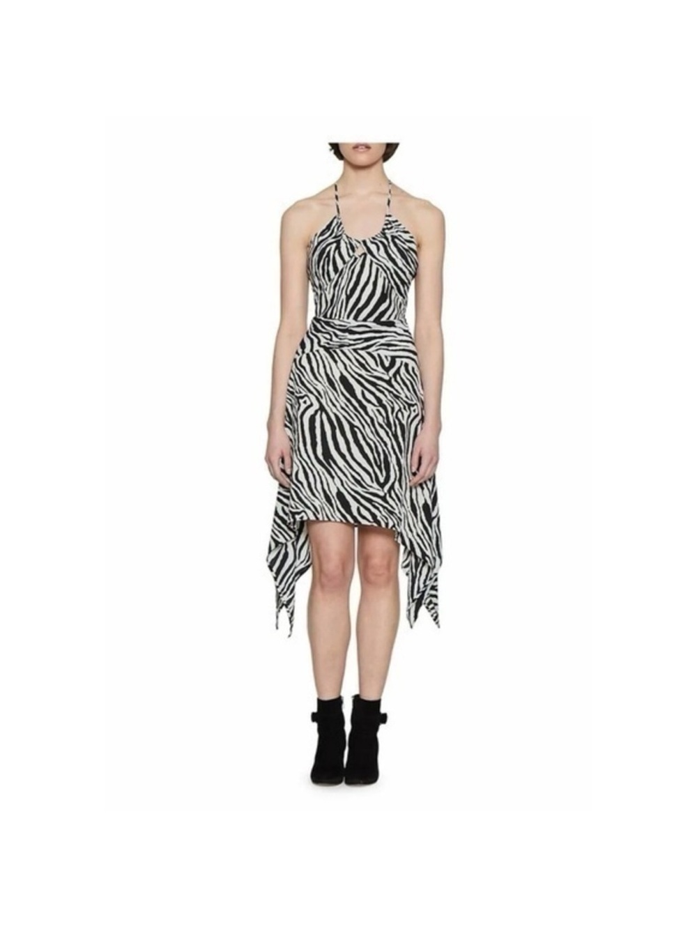 Walter Baker Zebra Halter Handkerchief Hem Dress - Black & White